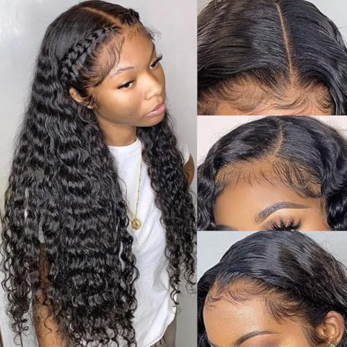 Pizazz 13x4 HD Transparent Lace Front Wigs Human Hair Pre plucked Bleached Knots with Baby Hair 12A 180 Density Brazilian Deep Wave Frontal Wigs for Black Women(26 Inch, Black color)