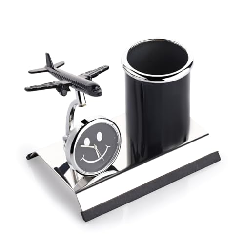 ZAHEPA Aeroplane Miniature Metal Pen Stand with Clock, Stylish Desk Organizer, Pencil Holder, Elegant Corporate Gift Set, Durable Decorative Showpiece for Office, Doctors, Lawyers (Black)