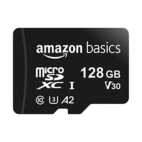 Book Cover Amazon Basics microSDXC Memory Card with Full Size Adapter, A2, U3, Read Speed up to 100 MB/s, 128 GB