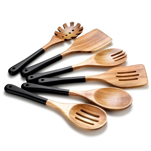 ROSOS Wooden Spoons For Cooking 6 Pieces, Wooden Cooking Utensils with Non Stick & Heat Resistant Design, Wooden Kitchen Utensil Set with Hanging Hole for Stirring, Mixing, Cooking
