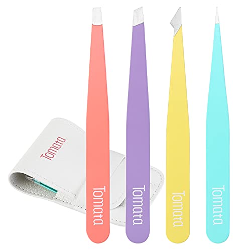 TomataTweezers for Eyebrows, Slant Tip and Pointed Eyebrow Tweezer Set Great Precision for Eyebrows Facial Hair, Ingrown Hair, Splinter, Blackhead and Tick Remover (4-piece)