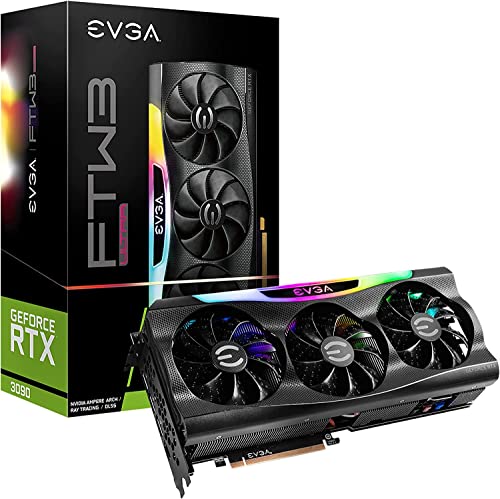 EVGA GeForce RTX 3090 FTW3 Ultra Gaming, 24GB GDDR6X, 10496 CUDA Cores, 1800MHz Boost Clock, 3x Fans, ARGB LED, Metal Backplate, PCIe 4, HDMI, DisplayPort, Desktop Compatible