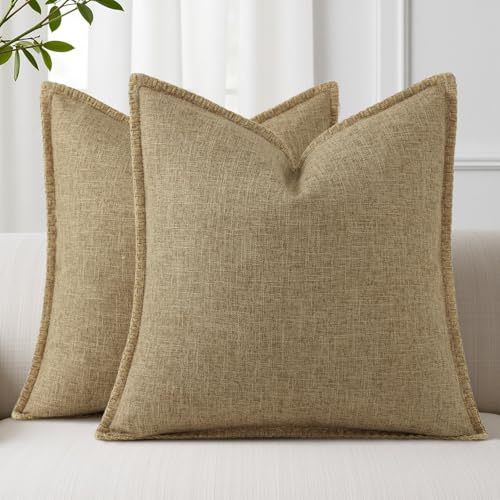 decorUhome Decorative Outdoor Throw Pillow Covers Set of 2, Square Linen Farmhouse Pillow Covers with Stitched Edge, Rustic Pillow Covers for Couch, Sofa, Living Room