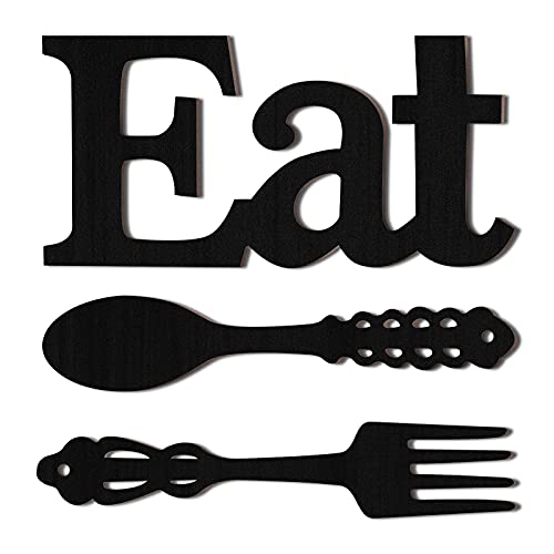 Jetec Set of Eat Sign, Fork and Spoon Wall Decor, Rustic Wood Decoration, Cute Eat Letters for Kitchen and Home, Decorative Hanging Wooden Letters, Country Wall Art for Room(Black)