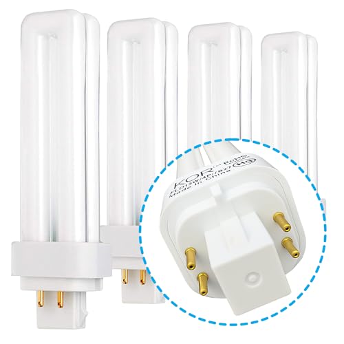 KOR - 13 Watt Double Tube - G24Q-1 (4 Pin) Base, 2700K Warm White - CFL Light Bulb. Replaces Sylvania 20682 CF13DD/E/827 and GE 97594 F13DBX/827/ECO4P - 4 Pack