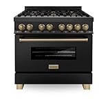 ZLINE Autograph Edition 36" 4.6 cu. ft. Dual Fuel Range with Gas Stove and Electric Oven in Black Stainless Steel with Champagne Bronze Accents (RABZ-36-CB)