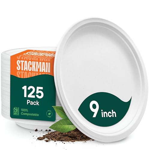 100% Compostable 9 Inch Heavy-Duty Plates [125-Pack] Eco-Friendly Disposable White Bagasse Plate, Made of Natural Sugarcane Fibers - 9" Biodegradable Paper Plates