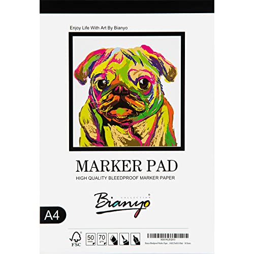 Bianyo Bleedproof Marker Paper Pad, 18 LB / 70 GSM, Glue-Bound, 100% Cotton, White, Ideal for Use with Markers and Ink Mediums