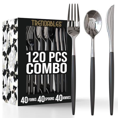 Trendables 120 Pcs Fancy Plastic Cutlery Disposable Silverware Disposable Dinnerware Fancy Plastic Forks Plastic spoons Plastic Knives Gold Plastic Silverware Plastic Utensils Party Set