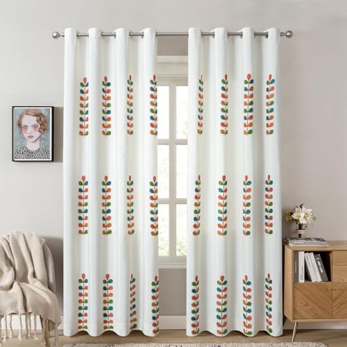 VOGOL Country Style Grommet Curtains, Colorful Leaf Pattern Window Curtain for Kitchen Windows, Faux Linen Thermal Insulated Drapes for Living Room