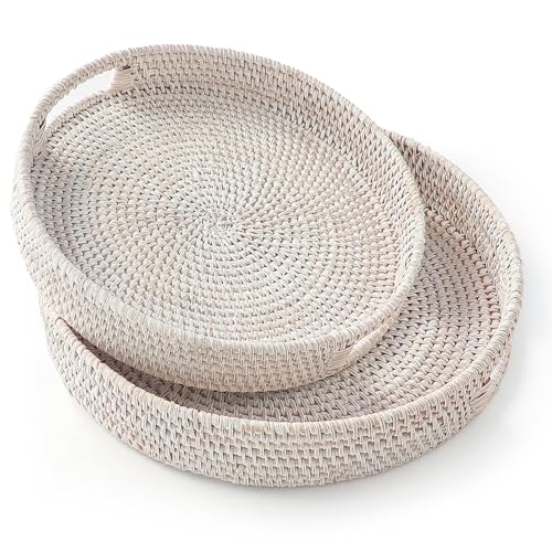 HITOMEN Hand-Woven Round Rattan Serving Tray Decorative Wicker Trays with Handles for Coffee Table