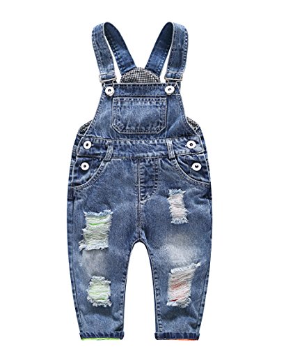 KIDSCOOL SPACE Baby Boy Girl Jean Overalls,Toddler Ripped Denim Cute Workwear
