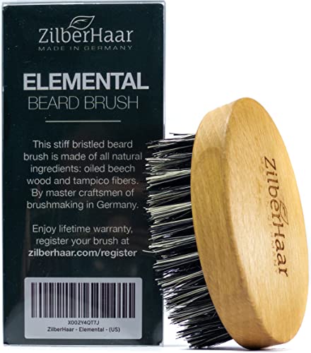 ZilberHaar - Elemental Beard Brush for Men and Mustache Brush - Stiff Natural Bristles and Beech wood - 100% Animal free - Made in Germany - 3 inches long