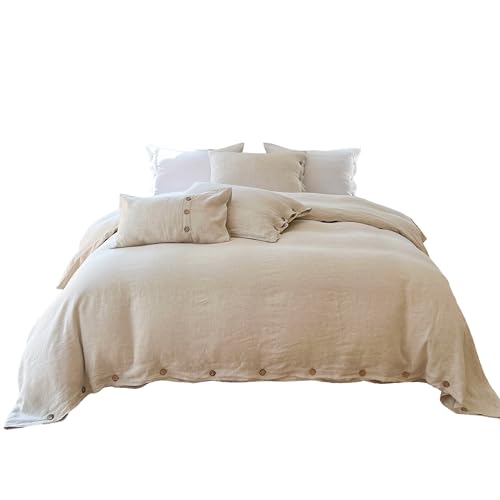 Simple&Opulence 100% Linen Duvet Cover Set with Coconut Button Closure Soft Breathable Washed Bedding