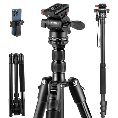 Nietoto 68" Fluid Head Video Camera Tripod, 16.5" Foldable Heavy Duty Tripod for Camera, Cellphone, Camcorder, Binocular, Spotting Scope, Telescope, Extra Carry Bag and Cellphone Clip, Max Load 33 lb