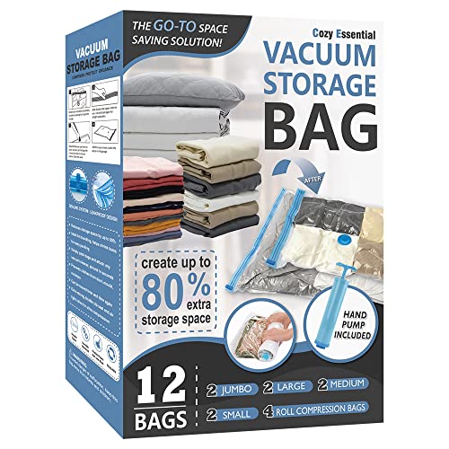 Cozy Essential Vacuum Storage Bags, 80% Compression Vacuum Seal Space Saver Plastic Packaging Bags for Clothes, Blankets, Pillow, Bedding, Comforters, Sealer Clothing Storage,12 Combo