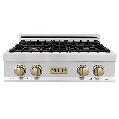 ZLINE Autograph Edition 30 in. Legacy Gas Rangetop with 4 Burners and Porcelain Cooktop in Stainless Steel with Champagne Bronze Accents (RTZ-30-CB)