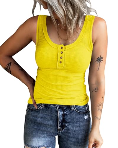 KINLONSAIR Women's Sleeveless Henley Tank Tops Ribbed V Neck Button Down T Shirts Summer Slim Fit Tee Tops