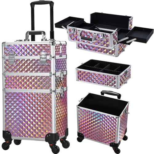 FRENESSA 3 in 1 Rolling Makeup Train Case Professional Cosmetic Trolley Large Storage for Beauticians, Hairstylists, Nail Tech Students with Swivel Wheels Salon Barber Case Traveling Cart Trunk