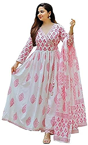 Meera Fab Women's Cotton Printed Kurta With Palazzo & Dupatta Set Large PINK