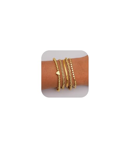 doubgood Gold Bracelets for Women, 14K Gold Plated Stackable Initial Beaded Bracelet with Letter Pendant Waterproof Stretch Trendy Stack Jewelry Set Gifts for Women