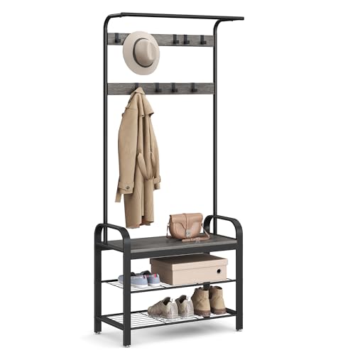 VASAGLE Coat Rack, Hall Tree with Shoe Bench for Entryway, Entryway Bench with Coat Rack, 4-in-1