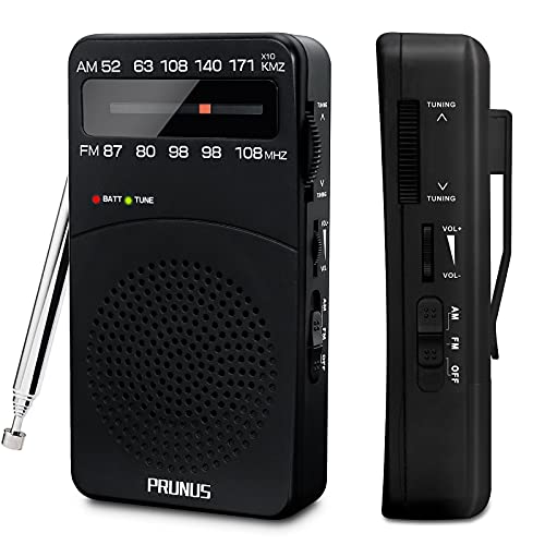 PRUNUS J-166 Portable Radio AM FM, Battery Operated Radio with Tuning Light, Back Clip, Excellent Reception, AM FM Radio Portable, Transistor Radio