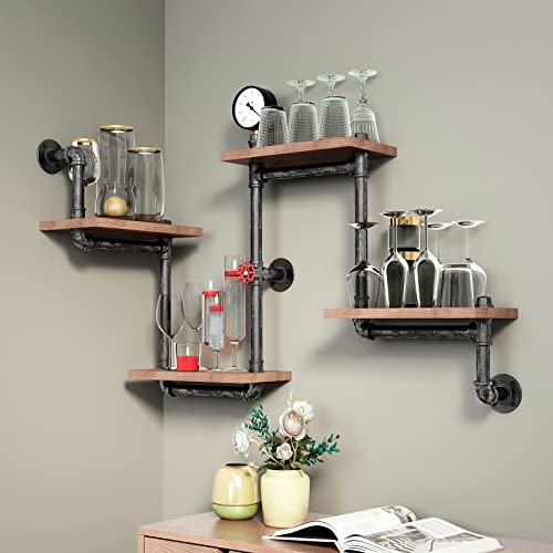 DR.IRON Industrial Pipe Shelves Wall Bookshelf Rustic Wood Shelf Storage Shelves 3 Tiers Wall Mount Pipe Design DIY Shelf Retro Floating Shelving