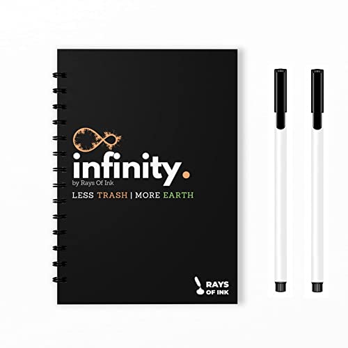 Rays Of Ink Infinity Re-writeable/Reusable Notebook - Eco Friendly Notebook with 2 Fine Tip Markers & 2 Microfiber Cloth and A Pocket At Back | A5 Size (8.3" X 5.8" , Black Cover)