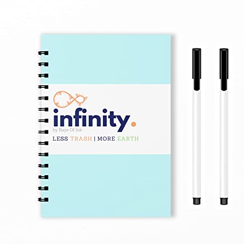 Rays Of Ink Infinity Re-writeable/Reusable Notebook - Eco Friendly Notebook with 2 Fine Tip Markers & 2 Microfiber Cloth and A Pocket At Back | A5 Size (8.3" X 5.8" , SkyBlue Cover)
