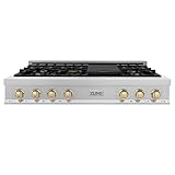 ZLINE Autograph Edition 48" Porcelain Rangetop with 7 Gas Burners in DuraSnow Stainless Steel and Gold Accents (RTSZ-48-G)