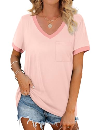 Geifa Womens T Shirts Short Sleeve V Neck Loose Casual Summer Tops with Pocket