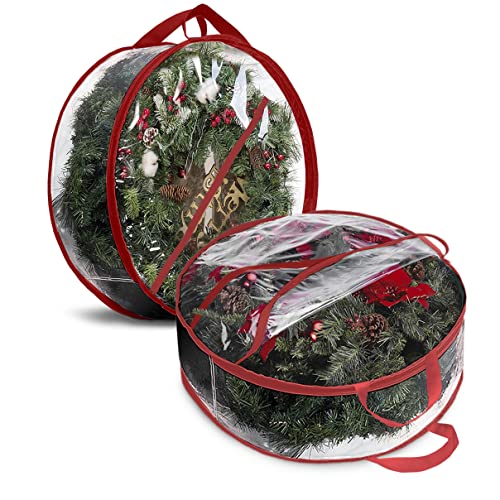 ProPik Christmas Wreath Storage Bag - 2 Pack Artificial Christmas Wreath Storage Container- Garland Holiday Wreath Storage Holder –Water Proof Transparent Clear PVC - with Handles