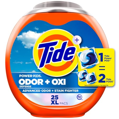 Tide Odor Defense + Oxi Laundry Detergent Pacs, Original Scent, 25 Count, Advanced Odor + Stain Fighter, laudry soap washing detergent pacs