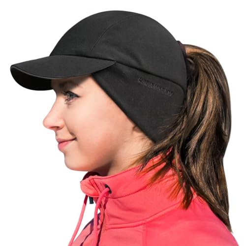 GADIEMKENSD Women's Winter Ponytail Hat Reflective Fleece Running Hat with Drop Down Ear Warmer, Black, 6 7/8-7 1/4
