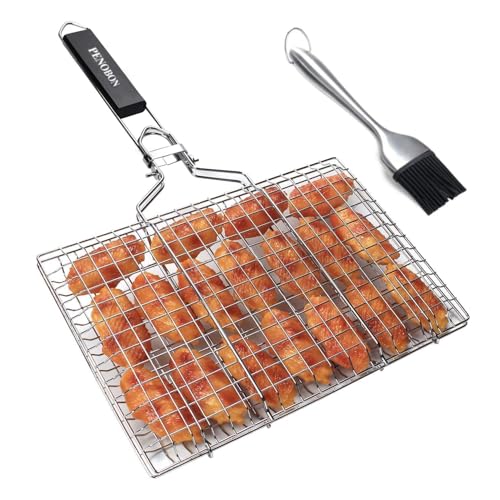 penobon Fish Grilling Basket, Folding Portable Stainless Steel BBQ Grill Basket for Fish Vegetables Shrimp with Removable Handle, Come with Basting Brush and Storage Bag