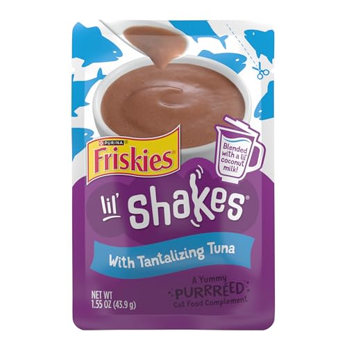 Purina Friskies Pureed Cat Food Topper, Lil’ Shakes With Tantalizing Tuna Lickable Cat Treats - (Pack of 16) 1.55 oz. Pouches