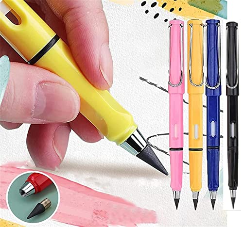 Mil9us 4Pcs Everlasting Pencil Inkless Pencils Eternal Portable Reusable Erasable Metal Writing Pens Infinite Replaceable Graphite Nib Triangle Triangular Golf Stationary Set Mechanical Sketch Book