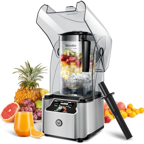 WantJoin Commercial Professional Blender With Shield Quiet Sound Enclosure 2200W Industries Strong and Quiet Professional-Grade Power, Self-Cleaning, Silver