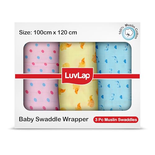 LuvLap 100% Cotton Muslin Baby Swaddle Set, Printed Muslin Swaddle for Newborn Baby, 0-18 Months +, Pack of 3 (Dots Hearts Print)