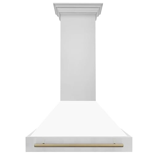 36" ZLINE Autograph Edition Stainless Steel Range Hood with White Matte Shell and Champagne Bronze Handle (8654STZ-WM36-CB)