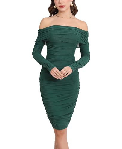 Women's Sexy Off Shoulder Sleeveless Bodycon Ruched Midi Elegant Cocktail Evening Party Night Tube Dresses