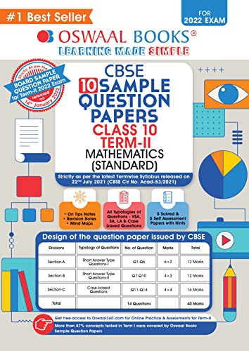 Oswaal CBSE Term 2 Mathematics Standard Class 10 Sample Question Paper Book (For Term-2 2022 Exam)
