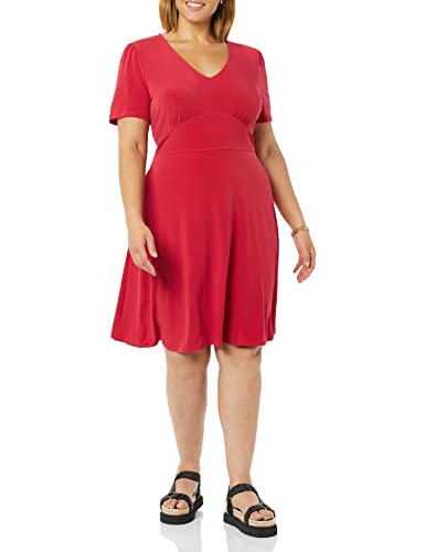 Amazon Essentials Women's Short Sleeve V-Neck Gathered Fit and Flare Dress
