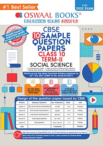 Oswaal CBSE Term 2 Social Science Class 10 Sample Question Paper Book (For Term-2 2022 Exam)