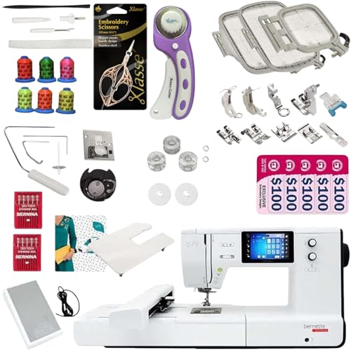Bernette B79 Sewing & Embroidery Machine Bundle | Includes 3 Hoops, 11 Presser Feet, Extension Table, Cutter, Scissors, Thread Set, Bobbins