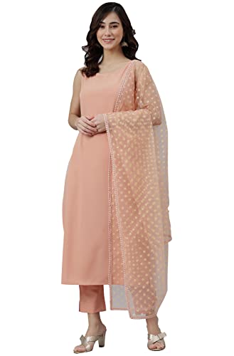 Janasya Ladies Plain Peach Polyester Crepe Kurta With Trousers And Dupatta, peach, L