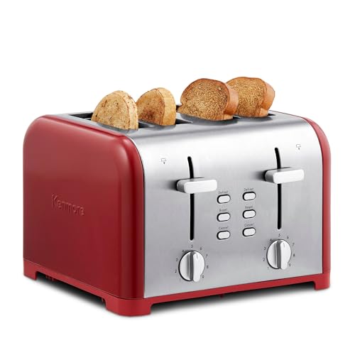Kenmore Toaster 4 Slice - Extra Wide Slot Countertop Kitchen Appliance, Defrost Function, Grille-Pain, 9 Shade Settings, Compact Design, Easy Clean Crumb Tray, Bread Bagel, Stainless Steel & Red