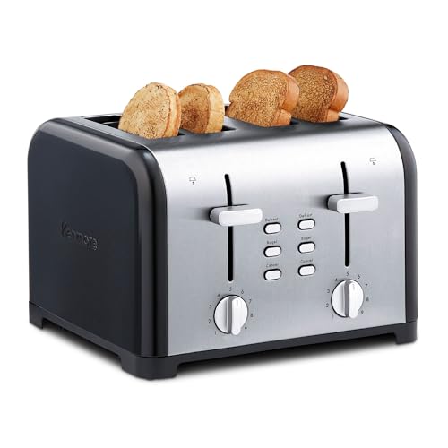 Kenmore 4 Slice Black Toaster Stainless Steel Extra Wide Slots Adjustable Browning Bagel and Defrost Settings Removable Crumb Tray Best Prime Toaster for Bread Bagel Waffles and more