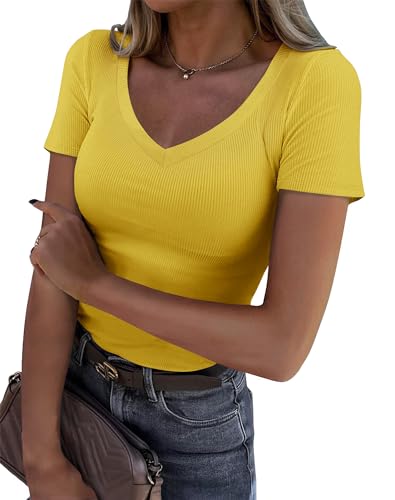Roselux Women V Neck Ribbed Fitted Tight Tshirt Short Sleeve Shirt Basic Knit Top